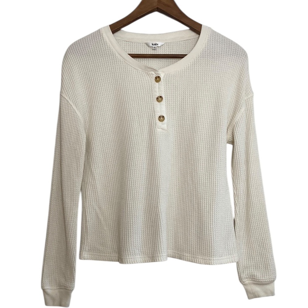 Knix Pajama Top Womens Medium Cream Ivory Waffle Knit Long Sleeve Henley Cozy